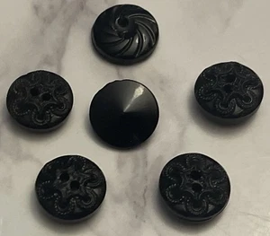Vintage 6 Czech Black Glass Buttons Button Lot 140-16 - Picture 1 of 9
