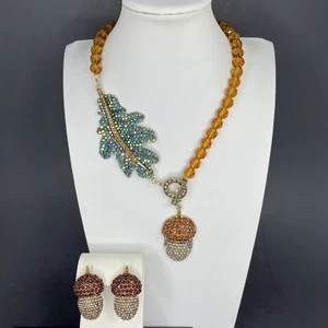 Acorn Necklace Earrings Set Crystal Rhinestone Glass Beaded Choker Statement - Picture 1 of 16