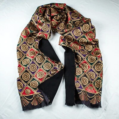 TALBOTS Gold Red Black Multicolor Silk Blend Rectangle Shawl Scarf 58"L x 10.5"W - Image 1 of 4