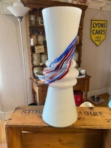 Stunning Tall Opalina Fiorentina Red & Blue Swirled White Glass Vase – Great! - Imagen 1 de 9