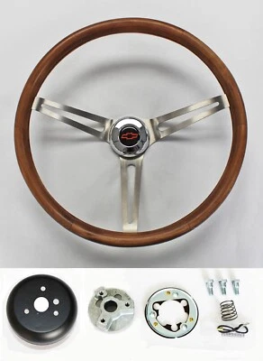 Рулевое колесо 64-66 Nova Chevelle Impala 15 дюймов из натурального дерева нержавеющая сталь красный лук - Изображение 1 из 4