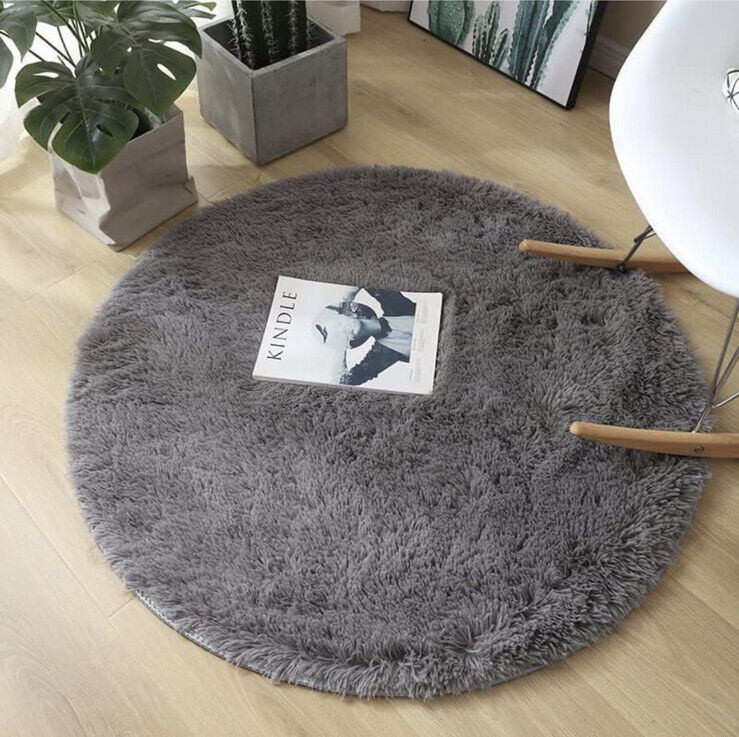 Plush Fluffy Area Rug Round Carpet Circle Rug Gray Super Soft 4*4 Ft