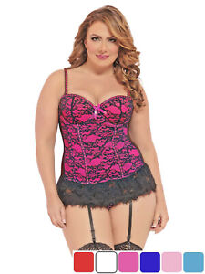 Plus Size Bustier Thong Set Underwire Lace Overlay Corset Top Womens 1X 2X 3X 4X