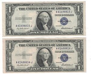 1935 F $1 ONE DOLLAR SILVER CERTIFICATE UNC. CONSECUTIVE FR-1615