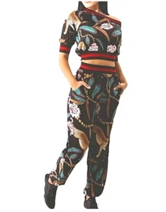 Jungle Print Two Piece Cropped Top and Jogger Pants Set Small Tropical Sporty - Picture 1 of 23