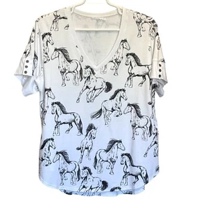 Jane + Delancey White V-Neck Horse Print Top Polyester Rayon Spandex Blend Sz 1X - Picture 1 of 6