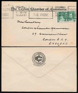 CEYLON 1937 CORONATION 9c CHAMBER of COMMERCE ENV + MACHINE TELEPHONE SLOGAN - Picture 1 of 1