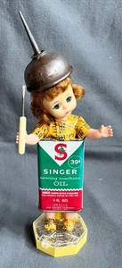 #318 ASSEMBLAGE ART Oiler Girl Vintage Doll & Oil Tin Sewing Notions - Picture 1 of 7
