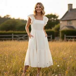 Madewell Ruffle Strap Tiered Midi Dress 2X Textural Stripe Cream Cottagecore - Picture 1 of 15