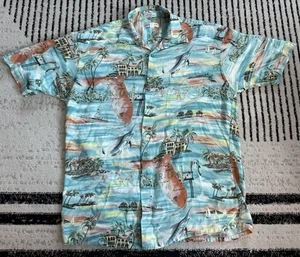 Camicia hawaiana Pierre Cardin Florida mappa fenicottero palme pesce spada grande - Foto 1 di 3