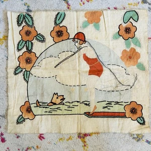 VTG Art Deco Woman Diving Adeline Sport Pillow Cover? Embroidery Incomplete - Picture 1 of 14