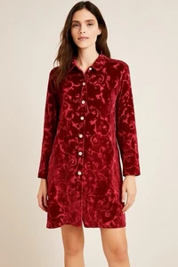 Victor Costa Women's Dress Shirt Velvet Side Slit Silk Vintage 1X Red Floral - Picture 1 of 7