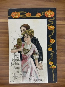 Halloween Vintage geprägte Postkarte Spiegel mit Jack-O-Laternen L&E Serie 2272 - Bild 1 von 2