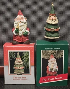 2 Vtg Hallmark Christmas Ornaments Wood Style - Kringle Tree & Old World Gnome - Picture 1 of 8