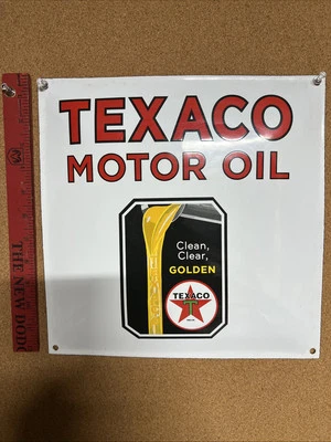 LETRERO DE GASOLINA TEXACO ACEITE DE MOTOR DORADO TRANSPARENTE LIMPIO Esmalte Garaje Pesado Gas Foto 1 de 4