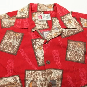Hilo Hattie Hawaiian Shirt Mens Medium Red Brown Aloha Print Button Up Cotton - Picture 1 of 10