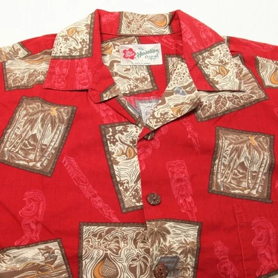 Camisa havaiana masculina Hilo Hattie média vermelha marrom estampa Aloha algodão com botões - Imagem 1 de 4