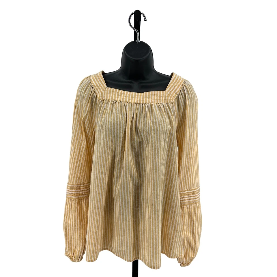 LC Lauren Conrad Peasant Top Women's M Yellow White Striped Long Balloon Sleeves - Imagem 1 de 4