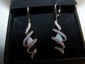 NEW KAY JEWELERS LAB CREATED PINK FIRY OPAL & SAPPHIRE STERLING EARRINGS NIB - Picture 1 of 7
