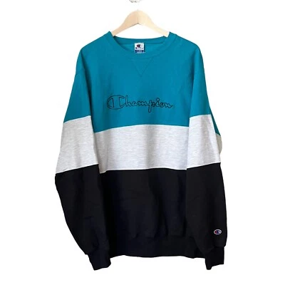 Sudadera a Rayas De Colección Años 90 Deadstock Teal Deletrear Campeón Bloques de Color XL EE. UU. Foto 1 de 4