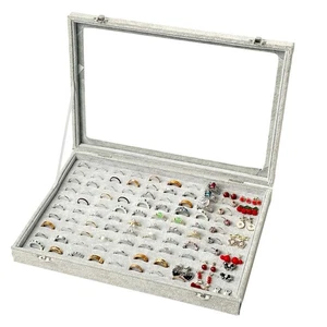 Bandeja organizadora de anillos gris 100 ranuras con tapa transparente exhibición de anillos - Imagen 1 de 8