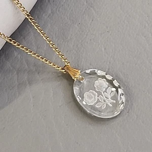 Vintage Intaglio Glas Halskette Blumen klar geätzt goldfarben 16" - Bild 1 von 13