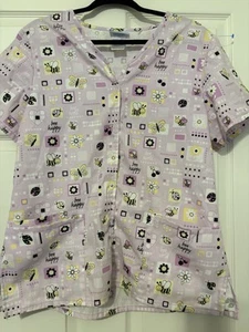 Size Lg Cute Scrub Top With Bees, Butterflies. Top Background Is Pink. - Picture 1 of 2