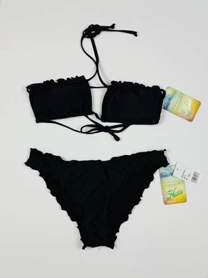 NEW HOBIE Black Convertible Bandeau Bikini Top w/ Ruffled Hipster Bottoms Size M - Image 1 of 4