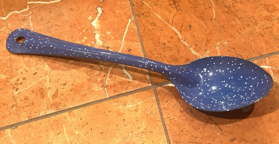 BLUE & WHITE SPECKLED GRANITE ENAMELWARE 11.5" L SERVING SPOON FARMHOUSE EUC - Image 1 of 4