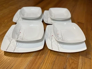 BEAUTIFUL 222 Fifth Winter Cardinal 4 Square Dinner Plates and 4 Bowls - Picture 1 of 17
