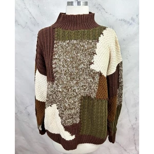 Vintage 80s Knitwear Ramie Brown Knit Sweater Sz L Chunky Patchwork Mock Neck - Picture 1 of 17
