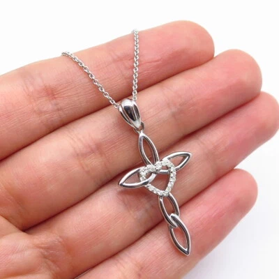 Collar de cadena Rolo corazón cruz diamante blanco real de plata de ley 925 Italia 16" Foto 1 de 4