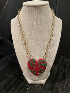 NWT Betsey Johnson Gold  Red & Green Peppermint Candy Heart Pendant Necklace