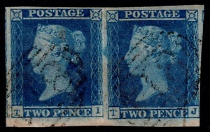 1841 2d Piastra Blu Pallido 3 TI-TJ 4m Coppia Marchio di Corrosione su TJ Fine Cat. £225,00 - Foto 1 di 1