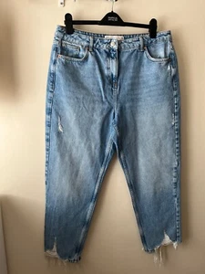 Next Jeans Size 16 Blue Denim MOM High Rise Raw Hem Casual - Picture 1 of 10
