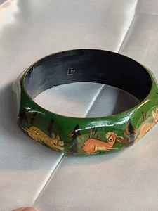 Bracciale vintage in legno laccato dipinto a mano animali foresta verde - Foto 1 di 8