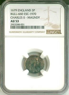 1679 England 3P Maundy Coin Bull - 660 ESC - 1970 Charles II NGC AU53 - Image 1 of 2