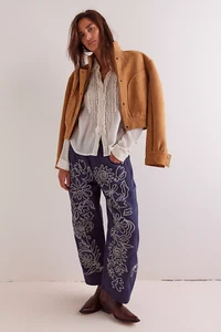 Free People Good Luck Soutache Barrel Jeans - Size 29"W - Mood Indigo - RRP £188 - Picture 1 of 15