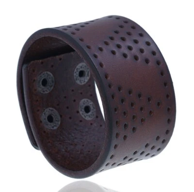 Pulseira de couro genuíno masculina/feminina marrom furos triangulares 7,5-8,2" - Imagem 1 de 4