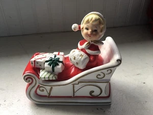 Vintage 2 pc Lefton Girl in Sleigh Christmas Covered Candy Dish 1582 - Picture 1 of 6