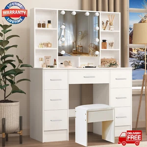 Dressing Table Set with LED Lights Mirror 7 Drawers Vanity Makeup Desk + Stool - Picture 1 of 10