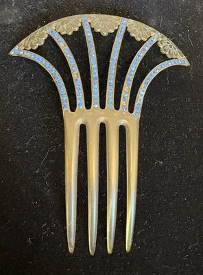 Antigo ventilador de celulóide âmbar art déco azul strass pente de cabelo esculpido floral - Imagem 1 de 4