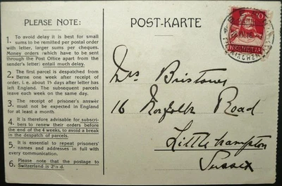 SUIZA 1916 PRIMERA GUERRA MUNDIAL PRISIONERO DE GUERRA BRITÁNICO POSTAL DE BERNA A INGLATERRA Foto 1 de 2
