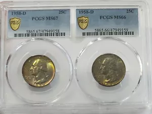 Pair 1958-D MS67/6 Washington Quarters Mint Set Original Toning PCGS True View - Picture 1 of 3