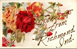 Vintage 1914 Greetings From Richmond Indiana Roses Postcard #41 - Picture 1 of 2