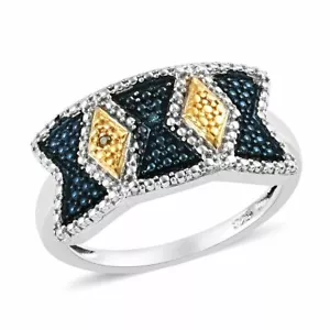 Blue & Yellow Diamond In Platinum Overlay Sterling Silver Ring Size M - Picture 1 of 4