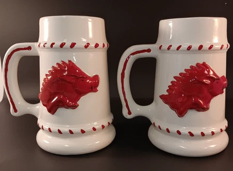 A PAIR OF VINTAGE ARKANSAS RAZORBACK BEER STEINS/MUGS Cover