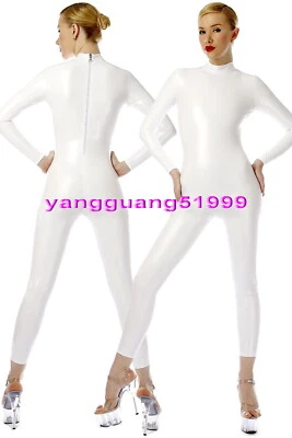 White Shiny Metallic Catsuit Costumes Unisex Sexy Women Body Suit Back Zip F328 - Image 1 of 4