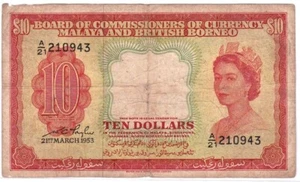 Mazuma *M4218 Malaya Queen Elizabeth QEII 1953 $10 A/21 210943 AVF - Picture 1 of 2