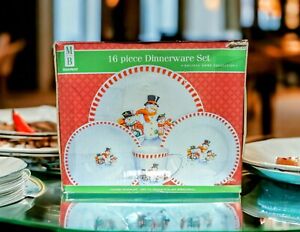 MERRY BRITE Christmas Dinnerware Set 16 Piece Dishes Cup Snowman Family COMPLETE